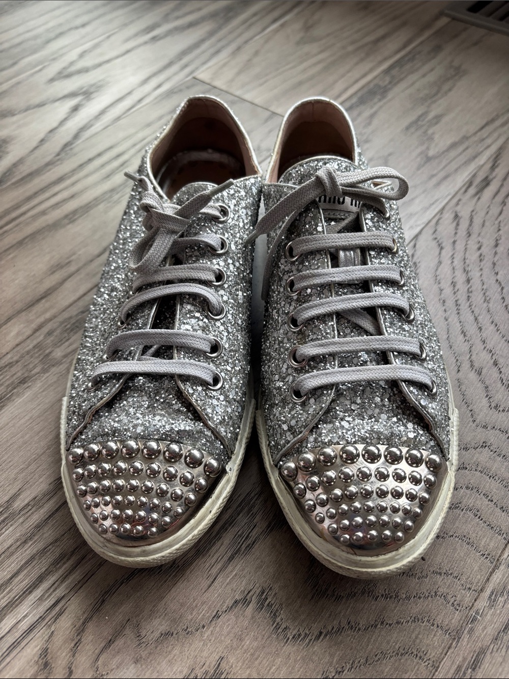 HP 🎉 - Miu Miu Silver Glitter Studded Low-Top Sneakers